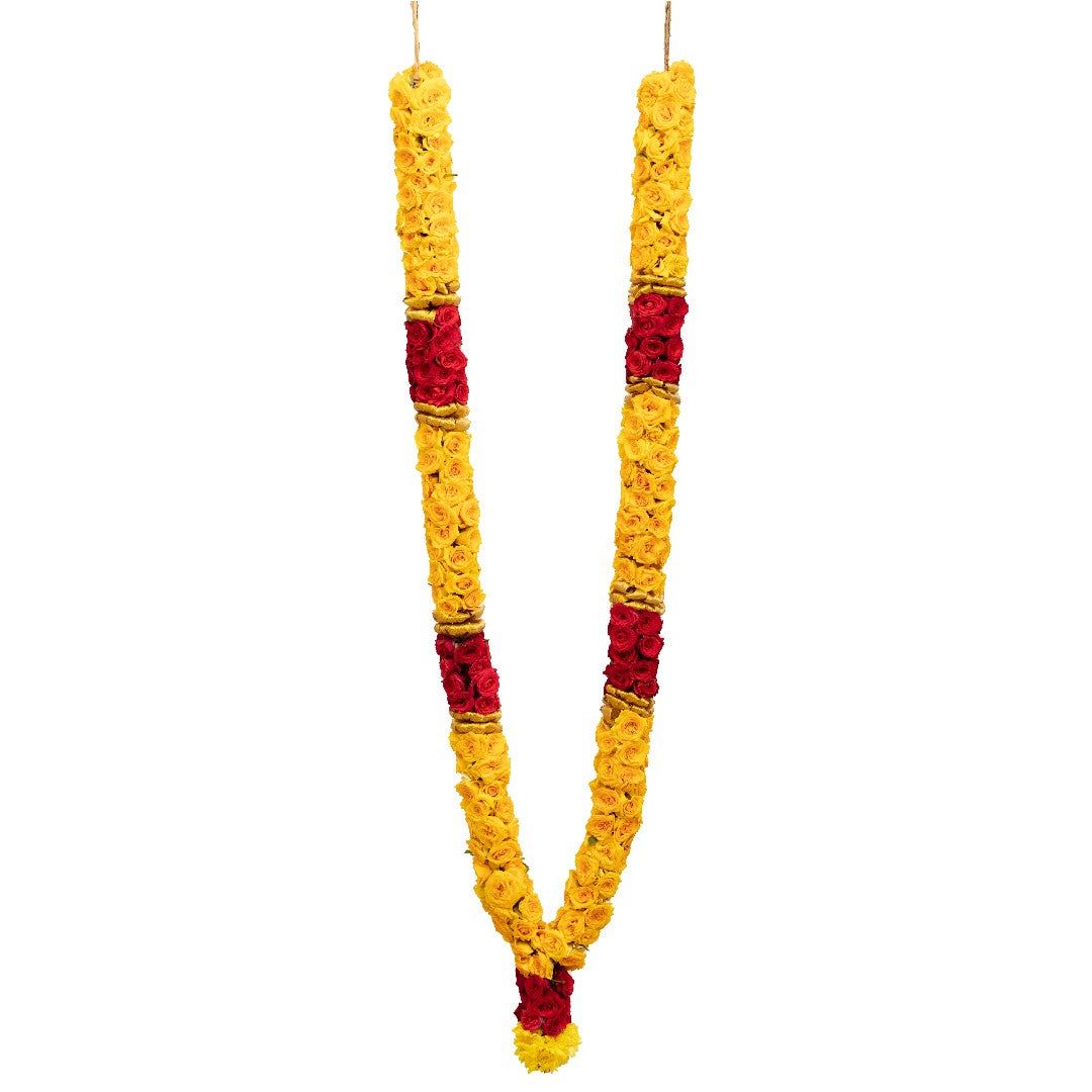 Yellow Roses Pooja Garland with Red Rose Accents